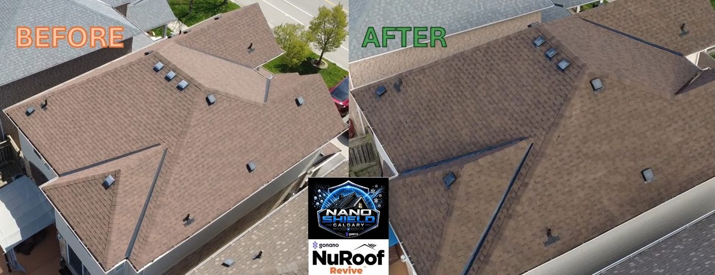 Side by side before and after drone view of neighboring Calgary roofs treated by Nano Shield