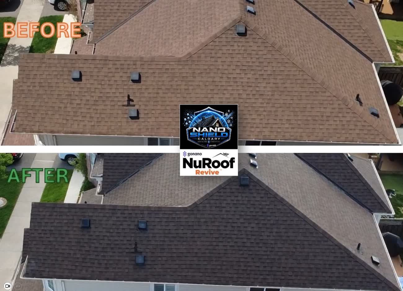 Before and after drone view of a Nano Shield treated roof in Calgary