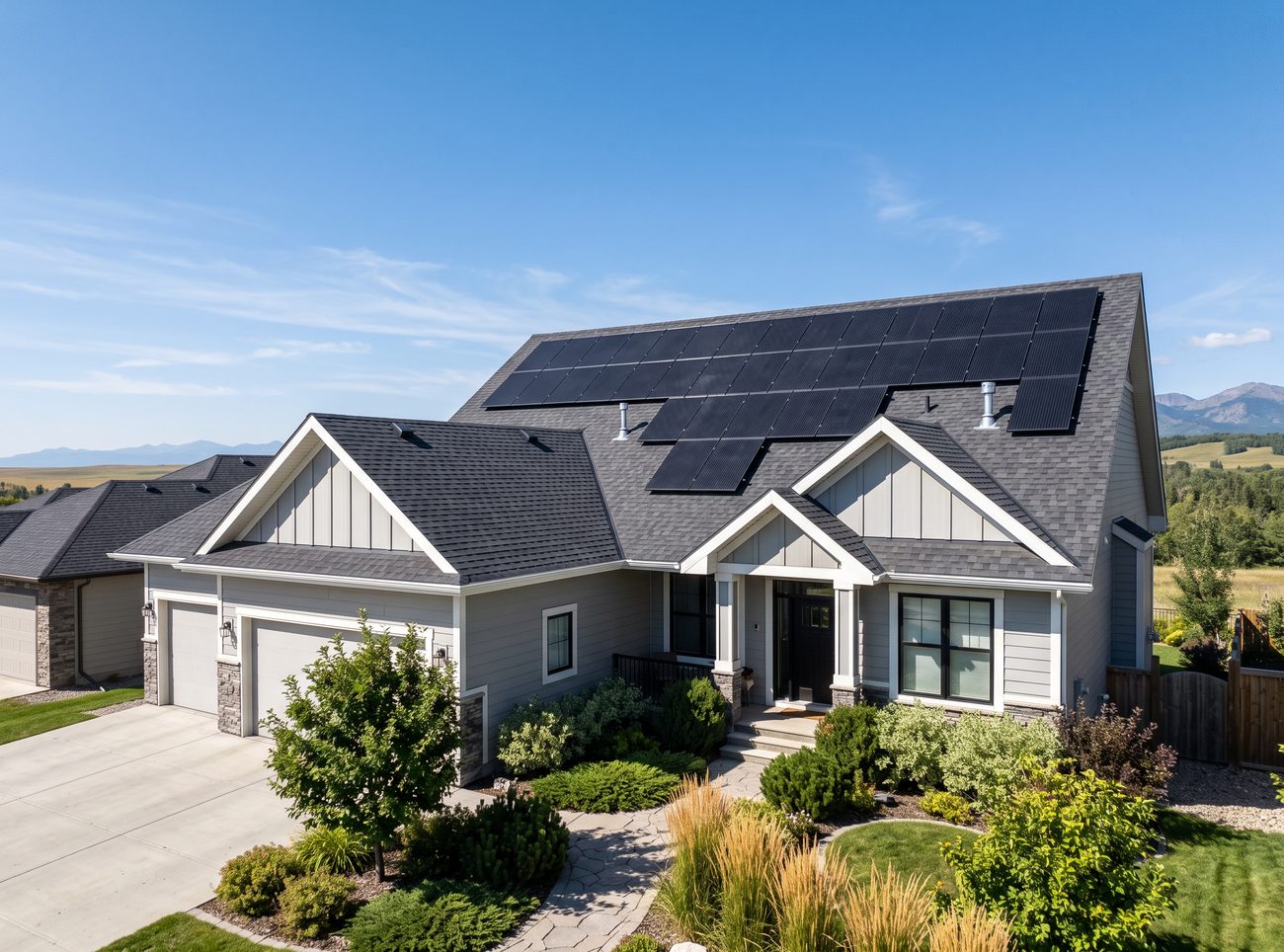 Suburban home with a black solar panel array mounted on a grey asphalt shingle roof