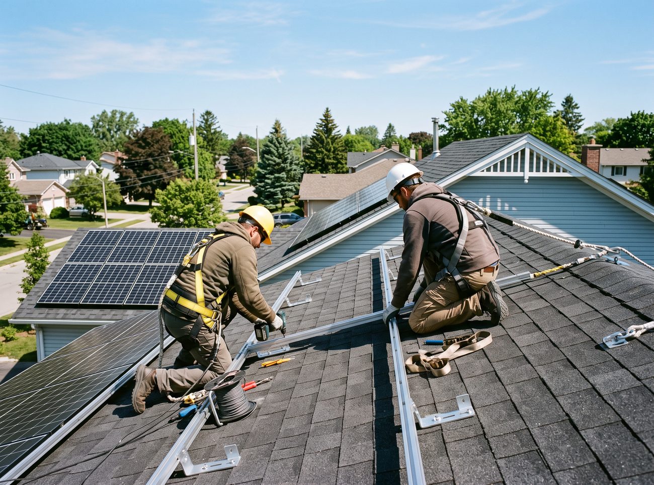 Two solar installation technicians mounting rails for an array on an asphalt shingle roof